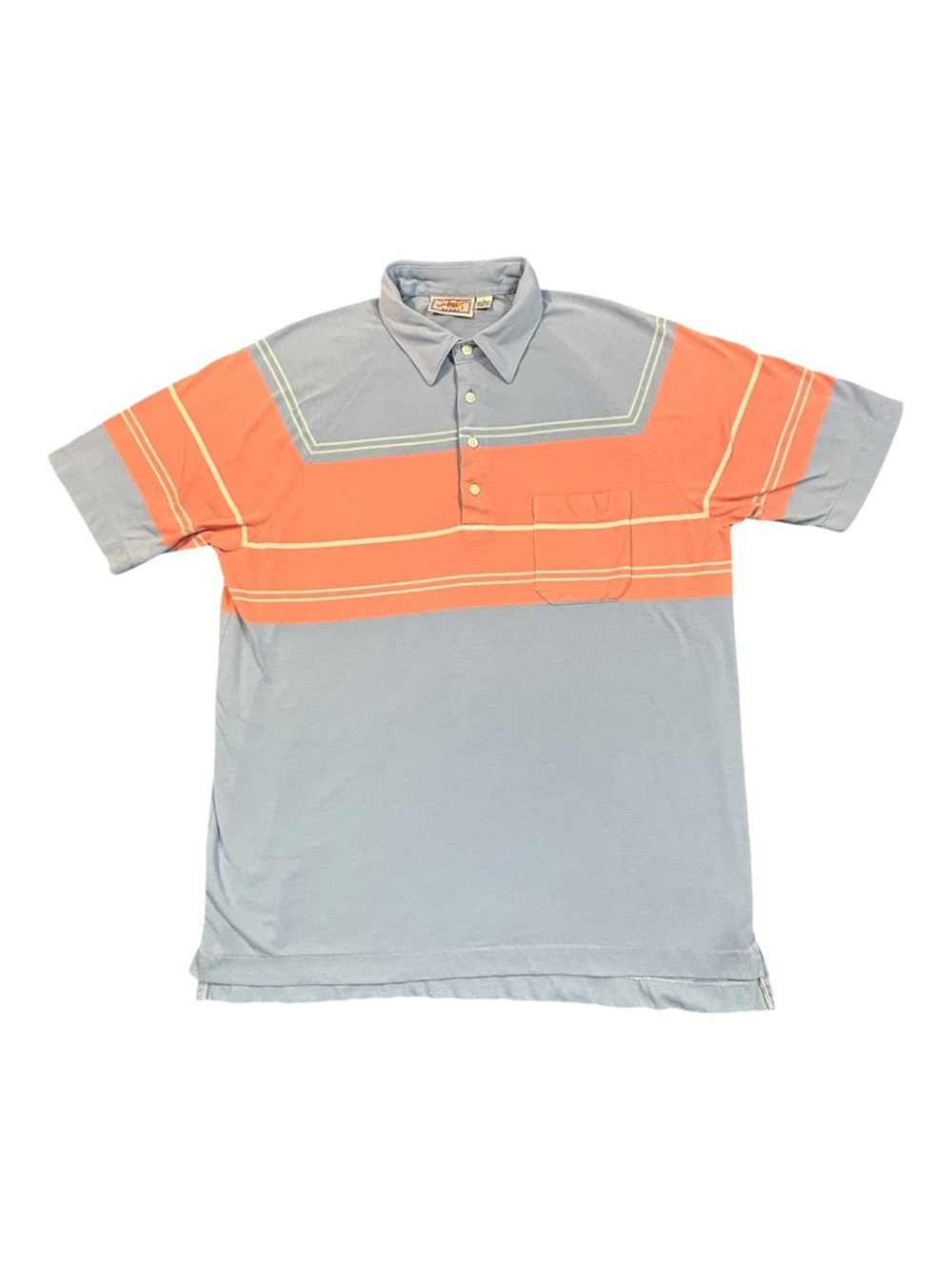 Vintage Club Run Sport Polo Shirt Mens XL Blue Coral Striped Pocket Short Sleeve